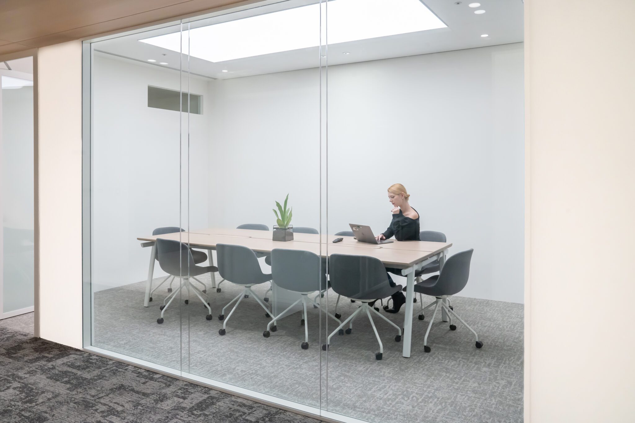 Meeting room enclosed with double-glazed glass partitions