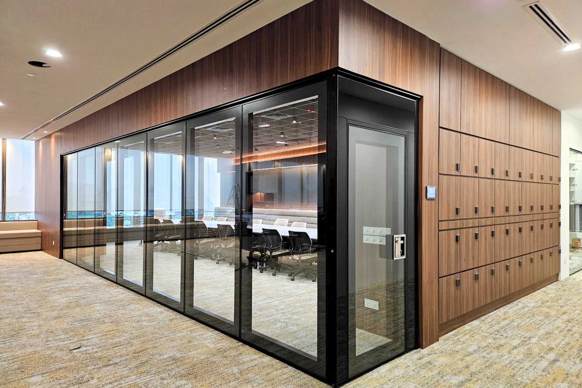 IWC UNIQ double glazed operable wall, meeting room in a timber-clad office