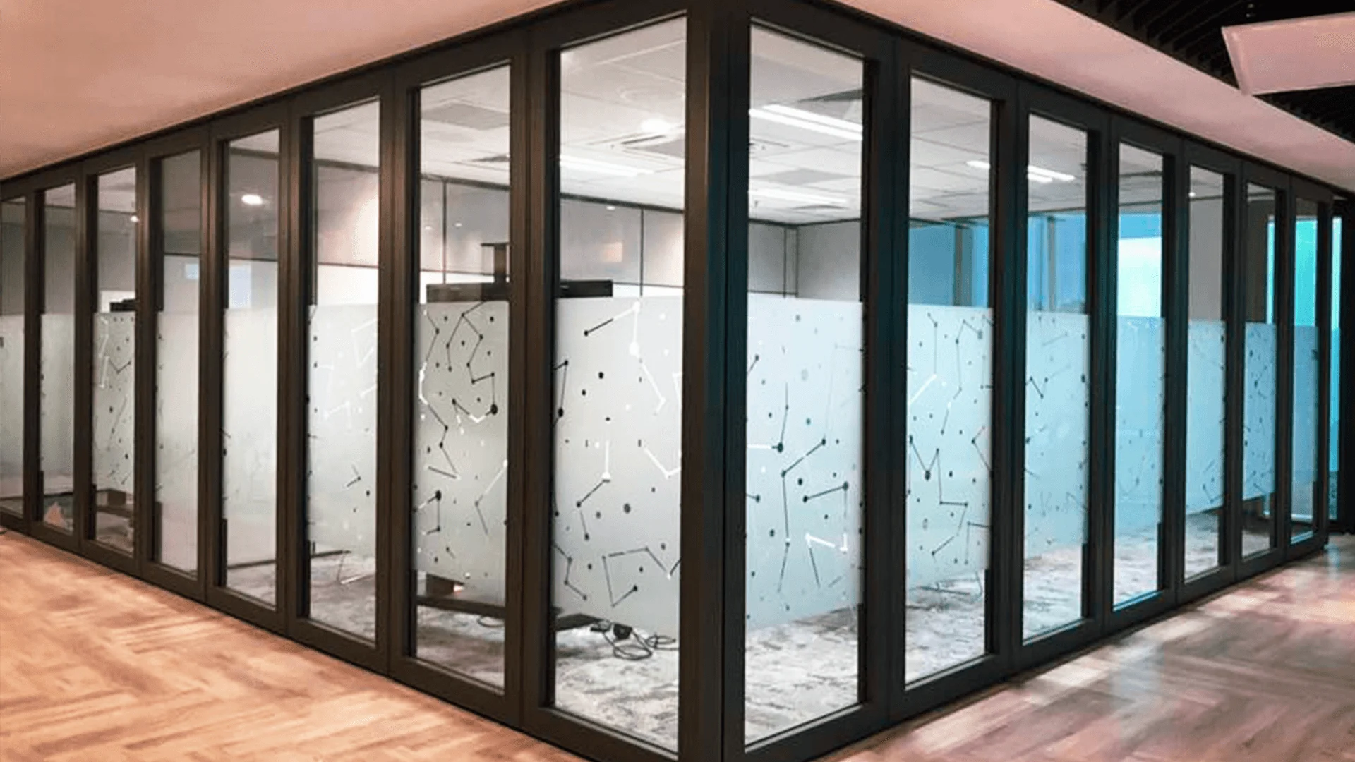 IWC UNIQ glazed operable wall with patterned frosted film